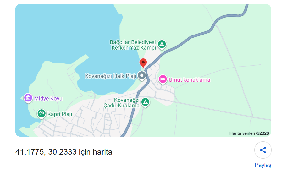 Kefken Plajı Haritası ve Konumu Kefken plajı haritası, Kovanağzı Halk Plajı konumu ve yol tarifi