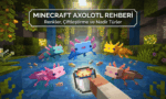 Minecraft yemyeşil mağara (lush cave) biyomunda oyuncunun elindeki tropikal balık kovasına doğru yüzen pembe, mavi, altın, camgöbeği ve kahverengi renkli axolotllar.