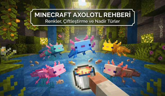 Minecraft yemyeşil mağara (lush cave) biyomunda oyuncunun elindeki tropikal balık kovasına doğru yüzen pembe, mavi, altın, camgöbeği ve kahverengi renkli axolotllar.