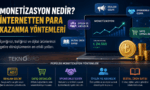Monetizasyon nedir ve internetten para kazanma yöntemleri infografiği. Reklam geliri, satış ortaklığı, sponsorlu içerik, üyelik ve dijital ürün satışı adımlarını gösteren Teknobird görseli.