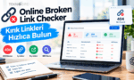 Dizüstü bilgisayar ekranında Online Broken Link Checker aracı; web sitesindeki 404 hatalarını, iç ve dış kırık bağlantıları tarama sonuçlarını gösteren dijital pazarlama konsepti.