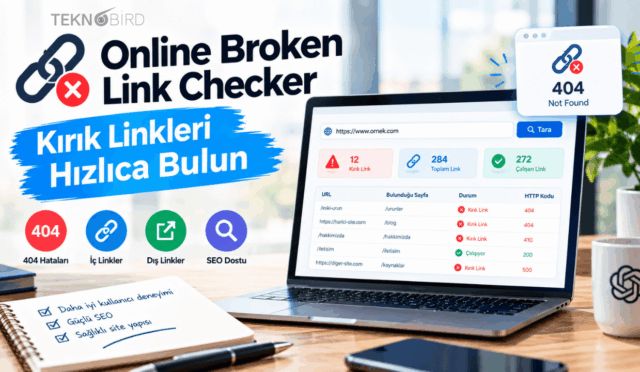 Dizüstü bilgisayar ekranında Online Broken Link Checker aracı; web sitesindeki 404 hatalarını, iç ve dış kırık bağlantıları tarama sonuçlarını gösteren dijital pazarlama konsepti.