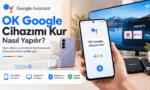 Akıllı telefonda OK Google cihazımı kur sesli komutu kullanılarak yapılan yeni cihaz ve Android TV senkronizasyonunu gösteren rehber görseli.