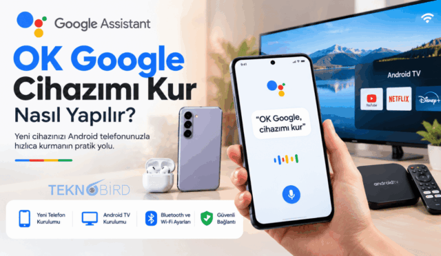 Akıllı telefonda OK Google cihazımı kur sesli komutu kullanılarak yapılan yeni cihaz ve Android TV senkronizasyonunu gösteren rehber görseli.