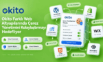 Okito'nun WordPress, Shopify, Wix, HTML, nopCommerce ve Squarespace gibi farklı web altyapılarında çerez yönetimini nasıl kolaylaştırdığını gösteren görsel. Ortada bir çerez onay penceresi arayüzü yer alıyor.