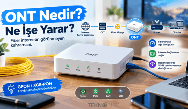 Fiber internet bağlantısını sağlayan beyaz renkli ONT cihazı ve çalışma mantığını (İSS'den ev cihazlarına) gösteren bağlantı şeması.