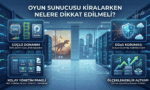 Oyun sunucusu kiralarken dikkat edilmesi gereken güçlü donanım, DDoS koruması, kolay yönetim paneli ve ölçeklenebilir altyapı kriterlerini anlatan, arka planında ARK ve FiveM oyunlarını temsil eden figürlerin bulunduğu sunucu odası illüstrasyonu.