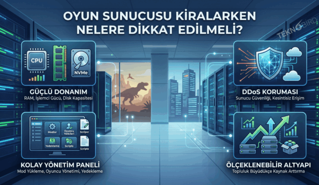Oyun sunucusu kiralarken dikkat edilmesi gereken güçlü donanım, DDoS koruması, kolay yönetim paneli ve ölçeklenebilir altyapı kriterlerini anlatan, arka planında ARK ve FiveM oyunlarını temsil eden figürlerin bulunduğu sunucu odası illüstrasyonu.