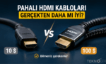 10 dolarlık standart plastik HDMI kablosu ile 100 dolarlık premium altın uçlu örgülü HDMI kablosunun yan yana karşılaştırması