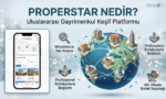 Properstar nedir sorusunu yanıtlayan, dünya çapında milyonlarca emlak ilanını, 60'tan fazla ülkedeki gayrimenkul seçeneklerini ve mobil uygulamasını gösteren bilgilendirici infografik.