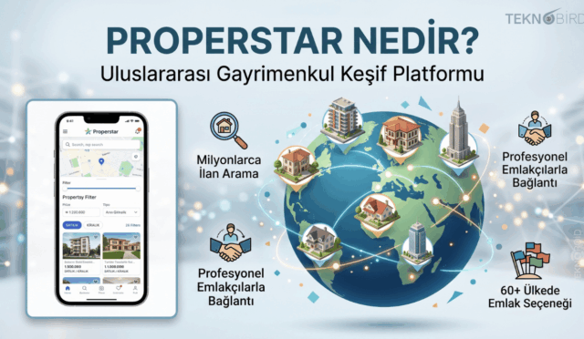 Properstar nedir sorusunu yanıtlayan, dünya çapında milyonlarca emlak ilanını, 60'tan fazla ülkedeki gayrimenkul seçeneklerini ve mobil uygulamasını gösteren bilgilendirici infografik.