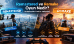 Remastered ve Remake oyun konseptlerini karşılaştıran görsel. Sol tarafta mavi tonlarla "Remastered", sağ tarafta turuncu tonlarla "Remake" özellikleri listeleniyor. Alt kısımda oyun kumandası ve The Last of Us oyun kutuları bulunuyor.