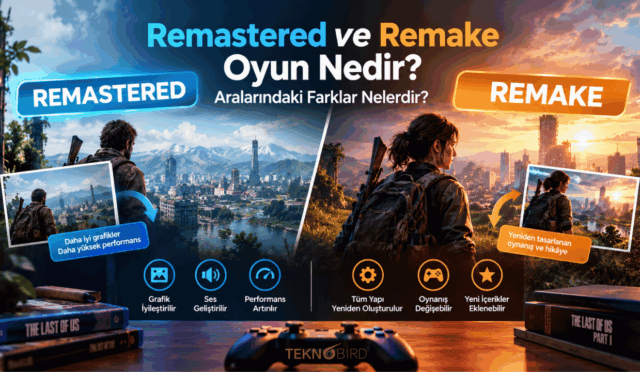 Remastered ve Remake oyun konseptlerini karşılaştıran görsel. Sol tarafta mavi tonlarla "Remastered", sağ tarafta turuncu tonlarla "Remake" özellikleri listeleniyor. Alt kısımda oyun kumandası ve The Last of Us oyun kutuları bulunuyor.