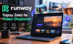 Dizüstü bilgisayar ekranında Runway platformu arayüzü; metinden video, görselden video ve yapay zeka ile düzenleme özelliklerini tanıtan konsept çalışma ortamı.