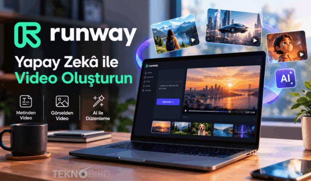Dizüstü bilgisayar ekranında Runway platformu arayüzü; metinden video, görselden video ve yapay zeka ile düzenleme özelliklerini tanıtan konsept çalışma ortamı.