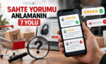 E-ticaret sitelerinde sahte ürün yorumlarını ayırt etmeyi temsil eden, akıllı telefonda müşteri değerlendirmeleri ve büyüteç görseli.