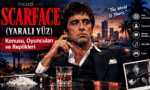 Al Pacino'nun canlandırdığı Tony Montana karakteri ile Scarface (Yaralı Yüz) filminin konusu, oyuncuları, efsane replikleri ve müziklerini anlatan inceleme görseli.