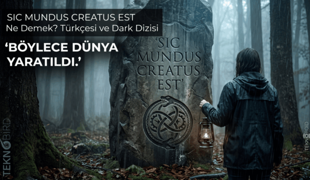 Karanlık ve sisli bir ormanda, üzerinde Latince "Sic Mundus Creatus Est" yazısı ile üçlü düğüm sembolü bulunan devasa taşa elindeki fenerle bakan kapüşonlu kişi.