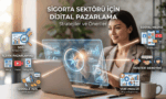 Sigorta sektörü için dijital pazarlama stratejilerini temsil eden; bilgisayar başında çalışan profesyonel bir kadının etrafında konumlandırılmış SEO, içerik pazarlaması, Google Ads, sosyal medya, müşteri deneyimi ve veri analizi ikonları.