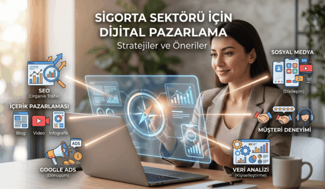 Sigorta sektörü için dijital pazarlama stratejilerini temsil eden; bilgisayar başında çalışan profesyonel bir kadının etrafında konumlandırılmış SEO, içerik pazarlaması, Google Ads, sosyal medya, müşteri deneyimi ve veri analizi ikonları.