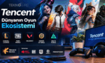 Teknobird logolu Tencent oyun ekosistemi görseli. İçeriğinde League of Legends, PUBG Mobile, Valorant, Honor of Kings ve Delta Force oyunlarına ait karakterler ile Riot Games, Supercell, Epic Games, Ubisoft ve From Software yatırım logoları yer alan oyuncu masası konsepti.