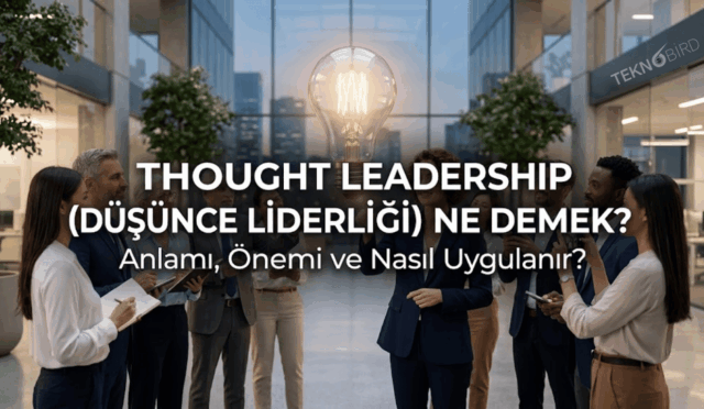 Modern bir ofis ortamında etrafındaki iş arkadaşlarına bilgi ve tecrübelerini aktaran, üzerinde yenilikçi fikirleri temsil eden parlayan bir ampul simgesi bulunan kadın düşünce lideri.