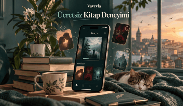 Üzerinde “Vaveyla Ücretsiz Kitap Deneyimi” yazan, telefondan dijital kitap okuma, farklı kitap türleri ve sıcak bir okuma ortamını yansıtan modern kare görsel.