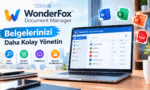 WonderFox Document Manager yazılımının arayüzünü, Word, Excel, PowerPoint ve PDF destek simgelerini gösteren, belge yönetimi özelliklerinin (hızlı arama, koruma, yedekleme, sınıflandırma) vurgulandığı masaüstü çalışma ortamı görseli.