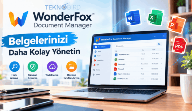 WonderFox Document Manager yazılımının arayüzünü, Word, Excel, PowerPoint ve PDF destek simgelerini gösteren, belge yönetimi özelliklerinin (hızlı arama, koruma, yedekleme, sınıflandırma) vurgulandığı masaüstü çalışma ortamı görseli.