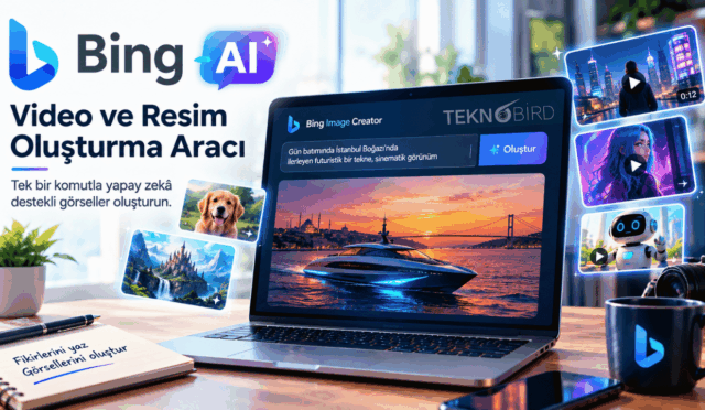 Çalışma masası üzerindeki dizüstü bilgisayarda açık olan Bing Image Creator arayüzü ve "Gün batımında İstanbul Boğazı'nda ilerleyen fütüristik bir tekne" komutuyla oluşturulmuş yapay zeka destekli sanatsal görsel.