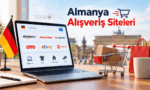 Bir çalışma masası üzerinde dizüstü bilgisayar ekranında Amazon.de, MediaMarkt, Zalando, OTTO, eBay ve Kaufland gibi popüler Almanya online alışveriş sitelerinin logolarını, minyatür alışveriş arabası ve Almanya bayrağını gösteren Teknobird görseli.