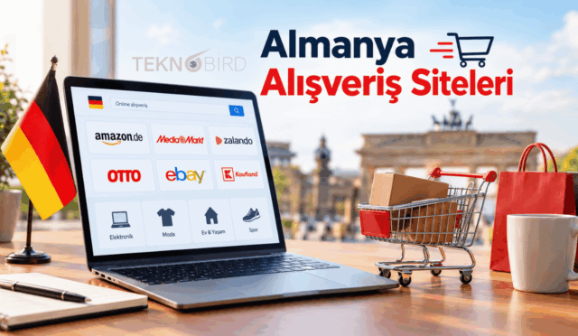 Bir çalışma masası üzerinde dizüstü bilgisayar ekranında Amazon.de, MediaMarkt, Zalando, OTTO, eBay ve Kaufland gibi popüler Almanya online alışveriş sitelerinin logolarını, minyatür alışveriş arabası ve Almanya bayrağını gösteren Teknobird görseli.