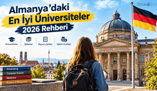 Sırt çantalı bir öğrencinin tarihi bir Alman üniversite binasına baktığı, arka planda şehir manzarası ve dalgalanan Almanya bayrağı bulunan; "Almanya'daki En İyi Üniversiteler 2026 Rehberi" başlıklı Teknobird tanıtım görseli.
