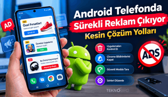 Ekranda sürekli reklam açılan bir akıllı telefonu tutan el, arka planda düşünen Android maskotu ve "Uygulamaları Kontrol Et", "Chrome Bildirimlerini Kapat", "Güvenli Modda Tara", "İzinleri Düzenle" gibi çözüm adımlarının yer aldığı Teknobird görseli.