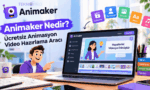 Animaker nedir ve nasıl kullanılır; dizüstü bilgisayarda açık ücretsiz animasyon video hazırlama aracı ekranı ve özelliklerini gösteren görsel