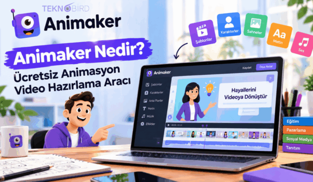 Animaker nedir ve nasıl kullanılır; dizüstü bilgisayarda açık ücretsiz animasyon video hazırlama aracı ekranı ve özelliklerini gösteren görsel