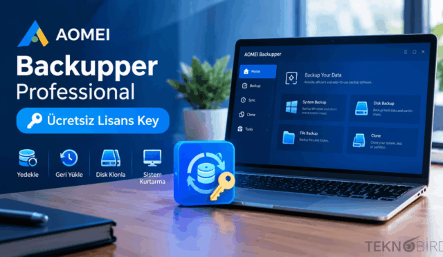 AOMEI Backupper Professional ücretsiz lisans key kampanyası, yedekleme, geri yükleme ve disk klonlama yazılımı arayüzü.