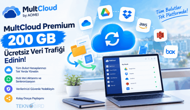 MultCloud Premium 200 GB ücretsiz veri trafiği kampanyası ve farklı bulut servislerinin tek ekranda yönetimi.
