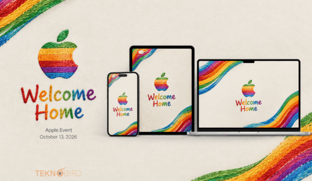 13 Ekim 2026 Apple Welcome Home etkinliği için örgü motifli, renkli Apple logolu iPhone, iPad ve Mac duvar kağıtları.