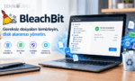 Bir dizüstü bilgisayar ekranında BleachBit programının arayüzünü, 12,4 GB kazanılan disk alanını ve programın gereksiz dosya silme, disk alanı açma, gizlilik koruma ve açık kaynak olma özelliklerini gösteren tanıtım görseli.