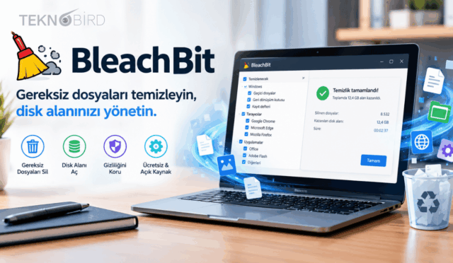 Bir dizüstü bilgisayar ekranında BleachBit programının arayüzünü, 12,4 GB kazanılan disk alanını ve programın gereksiz dosya silme, disk alanı açma, gizlilik koruma ve açık kaynak olma özelliklerini gösteren tanıtım görseli.