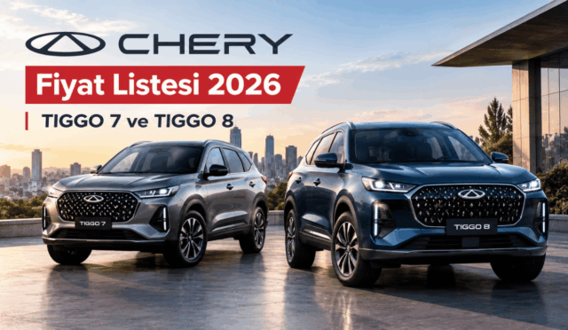 Şehir manzaralı bir arka planda yan yana duran gri renkli Chery TIGGO 7 ve mavi renkli Chery TIGGO 8 SUV modellerini gösteren, üst kısmında "CHERY Fiyat Listesi 2026" yazısı bulunan görsel.