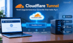 Bir dizüstü bilgisayar ile yerel sunucu arasında güvenli bağlantı kuran Cloudflare Tunnel mimarisini, web siteleri, API'ler ve yerel uygulamalar için esnek kullanım ve kolay kurulum özelliklerini gösteren Teknobird şeması.