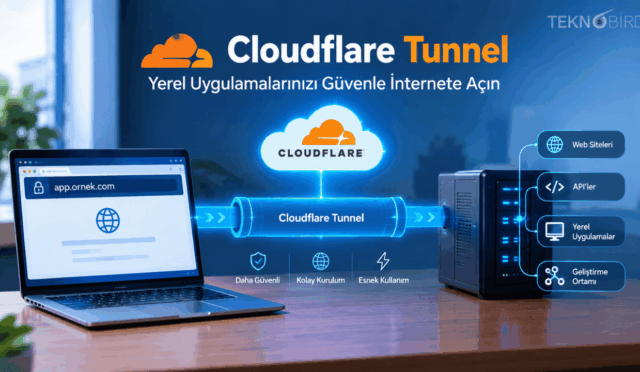 Bir dizüstü bilgisayar ile yerel sunucu arasında güvenli bağlantı kuran Cloudflare Tunnel mimarisini, web siteleri, API'ler ve yerel uygulamalar için esnek kullanım ve kolay kurulum özelliklerini gösteren Teknobird şeması.