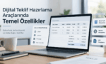 Dizüstü bilgisayar ekranında açık olan dijital teklif hazırlama yazılımı arayüzü ile ürün kataloğu, iskonto ve KDV hesaplama özelliklerini gösteren şema.