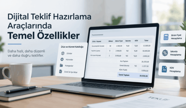 Dizüstü bilgisayar ekranında açık olan dijital teklif hazırlama yazılımı arayüzü ile ürün kataloğu, iskonto ve KDV hesaplama özelliklerini gösteren şema.