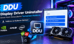 Display Driver Uninstaller (DDU) programının arayüzünü, ekran kartını ve çöp kutusuna atılan NVIDIA, AMD, Intel sürücü logolarını gösteren; sol tarafında "DDU Display Driver Uninstaller Ekran Kartı Sürücülerini Tamamen Kaldırın - İndirme ve Kullanım Rehberi" yazan Teknobird görseli.