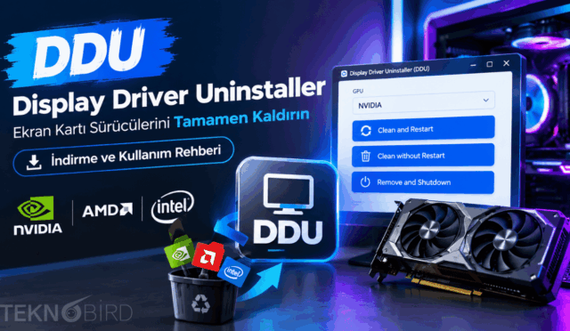 Display Driver Uninstaller (DDU) programının arayüzünü, ekran kartını ve çöp kutusuna atılan NVIDIA, AMD, Intel sürücü logolarını gösteren; sol tarafında "DDU Display Driver Uninstaller Ekran Kartı Sürücülerini Tamamen Kaldırın - İndirme ve Kullanım Rehberi" yazan Teknobird görseli.