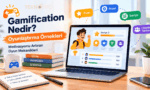 Gamification nedir, oyunlaştırma örnekleri, puan, rozet, seviye ve liderlik tablosu mekaniklerini gösteren çalışma masası konsepti.