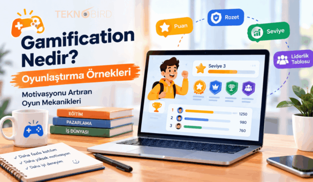 Gamification nedir, oyunlaştırma örnekleri, puan, rozet, seviye ve liderlik tablosu mekaniklerini gösteren çalışma masası konsepti.